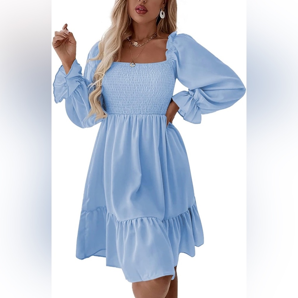 Blue/White Plaid Long Ruffle Sleeve Mini Dress - Picture 10 of 11